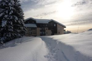 a building covered in snow in front of a tree at Pan 125B in Manigod