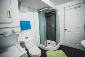 a bathroom with a shower and a toilet and a sink at Aux 4 vents - Auberg'Inn in Carleton-sur-Mer