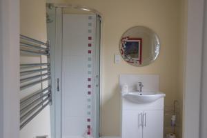 a bathroom with a shower and a sink and a mirror at St Mary’s Bed & Breakfast in Bury Saint Edmunds +8 photos