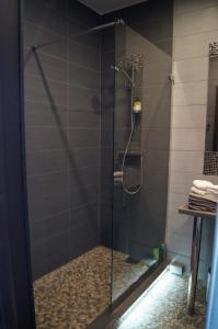 a bath room with a shower and a toilet at Apartament Onyx in Poznań
