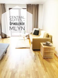 ein Wohnzimmer mit Sofa und Tisch in der Unterkunft Central Suites - Špindlerův mlýn in Špindlerův Mlýn