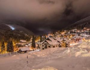 eine kleine Stadt im Schnee in der Nacht in der Unterkunft Central Suites - Špindlerův mlýn in Špindlerův Mlýn