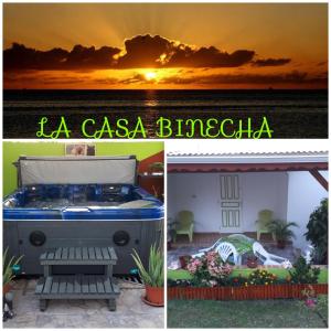 un collage de fotos con bañera de hidromasaje y puesta de sol en La Casa Binecha avec Jacuzzi, en Baillif