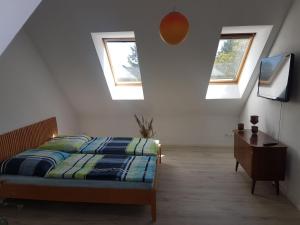 ein Schlafzimmer mit einem Bett und zwei Fenstern in der Unterkunft Remise Kairies in Wustrow