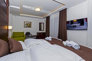 a hotel room with a bed and a tv at Villa Sofija in Ohrid
