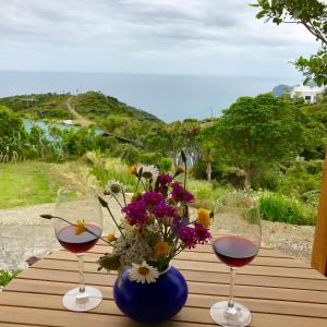 two glasses of wine and a vase of flowers on a table at Piha Tiny House in Piha