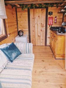 a living room with a couch in a log cabin at Hilltop Tiny House in Tallarook