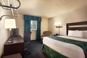 ein Hotelzimmer mit einem Bett und einem Schreibtisch mit einer Lampe in der Unterkunft Travelodge by Wyndham Jefferson City in Jefferson City