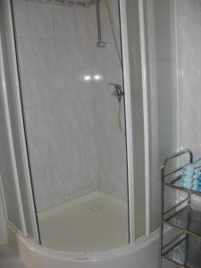 a shower with a glass door in a bathroom at Pension Olga in Klecany