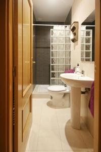 Un baño con lavabo, inodoro y ducha. en El Mirador del Rioja, Zona Laurel, en Logroño