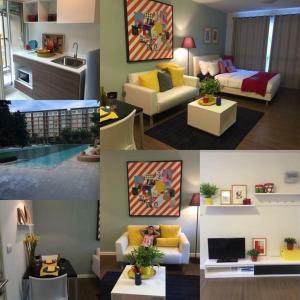 a collage of four pictures of a living room at Baan Thew Lom Condo Cha am By PoPu in Ban Sahakham