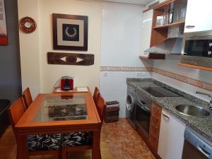 cocina pequeña con fregadero y fogones en Apartamentos Ría de Villaviciosa, en Villaviciosa