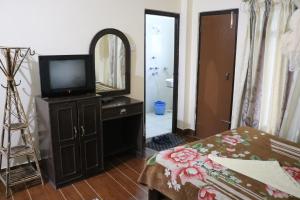 a bedroom with a tv and a bed and a mirror at Peacock - a family-run hotel in Sauraha