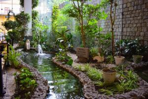 a garden with a pond and a waterfall in a building at Hotel Europa in La Paz