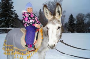 una niñita montada en la espalda de un burro en Eco Farm Usadba Kuznetsovo, en Kuznetsovo
