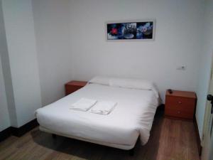 a small room with a white bed and a picture on the wall at Hostal Ancla Dorada in Vigo