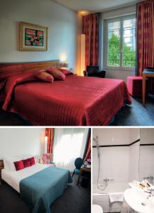 two pictures of a hotel room with a bed and a bathroom at The Ambassador in Geneva