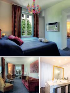two pictures of a bedroom with a bed and a living room at The Ambassador in Geneva