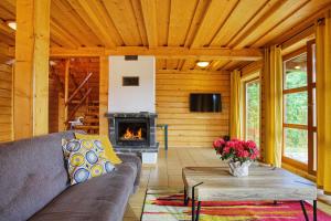 a living room with a couch and a fireplace at Chaty Mara in Liptovský Mikuláš