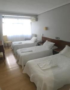 トゥデラにあるHostal la Parrillaのベッド3台と窓が備わるホテルルームです。
