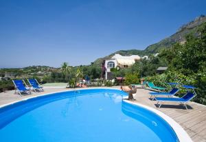 a large blue swimming pool with blue chairs and a house at Agriturismo La Pergola in Ischia
