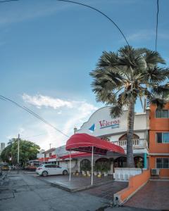 a building with a palm tree in a parking lot at Hotel Veleros Cartagena in Cartagena de Indias