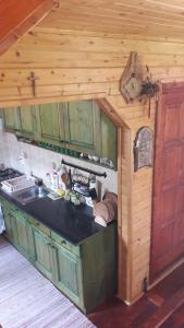 a small kitchen with a sink in a house at Hunor-Magor Vendégház in Izvoare