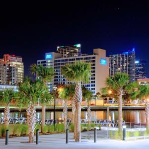 eine Gruppe von Palmen vor einem Gebäude in der Unterkunft The Barrymore Hotel Tampa Riverwalk in Tampa