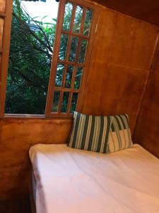 1 cama con almohada frente a una ventana en Casa na Árvore, en Salvador