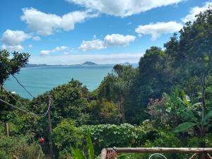 a view of the ocean from a hill in the jungle at Hostel do Morro in Florianópolis