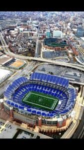 an aerial view of a football stadium with a field at Cozy Rowhouse Next JHH in Baltimore