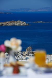 vista sull'oceano e su un gruppo di edifici bianchi di Damianos Mykonos Hotel a Mykonos Città