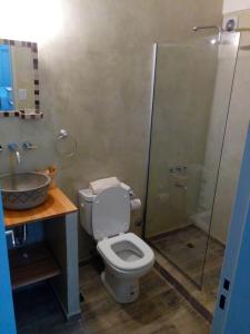 uma casa de banho com um WC, um chuveiro e um lavatório. em Vuelta de Obligado Apartment em Buenos Aires