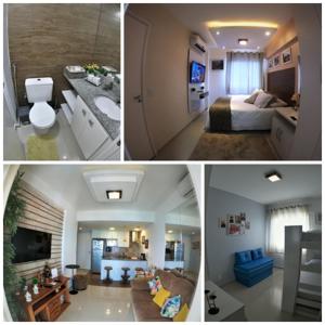 a collage of three pictures of a bedroom and a living room at Porto Real Suites Apto Luxo com vista p/ Mar in Mangaratiba