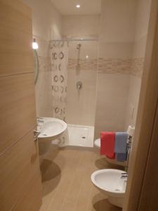 een badkamer met een wastafel, een toilet en een douche bij Casa Giardinetto in Stresa