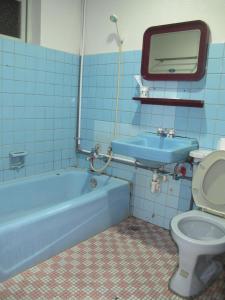 a blue bathroom with a toilet and a tub and a sink at Ku Shan Yuan Hotel in Taipei