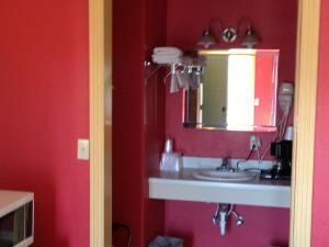 ein Bad mit einem Waschbecken und einem Spiegel in der Unterkunft De Leon Inn in De Leon