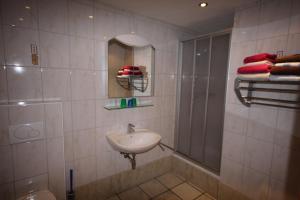 W łazience znajduje się umywalka i prysznic. w obiekcie Appartementhaus Mentil w mieście Flattach