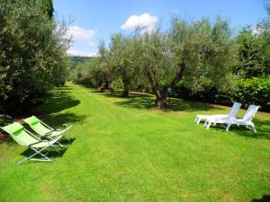 deux chaises de jardin et un banc dans l'herbe dans l'établissement Casetta sul Lago, à Bolsena