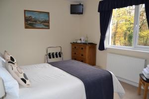 a bedroom with a bed and a dresser and a window at The Lodge Brecon B&B in Brecon