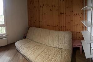 モン・ド・ランにあるLe Champameの木製の壁の部屋のソファ