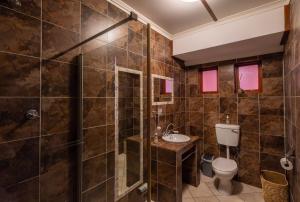 a bathroom with a shower and a toilet and a sink at Island Cottage Guesthouse in Lüderitz