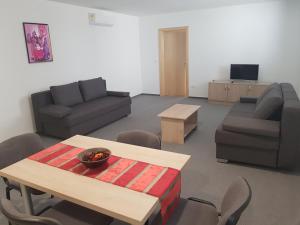 sala de estar con mesa, sofá y sidra de mesa en Apartmaji Janković, en Logatec