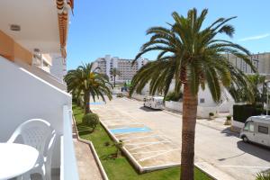 a balcony with a palm tree and a tennis court at PRECIOSO APARTATAMENTO JUNTO AL MAR in Peñíscola
