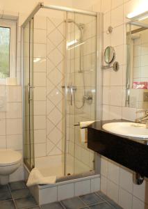 a bathroom with a shower and a sink and a toilet at Hotel Haus Hellhohl Garni in Brilon