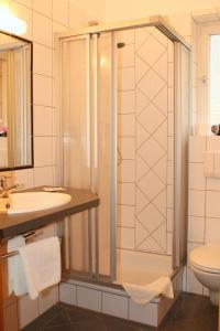a bathroom with a shower and a sink and a toilet at Hotel Haus Hellhohl Garni in Brilon