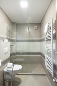 een badkamer met een glazen douche en een toilet bij Cuha-gyöngye Apartmanház in Zirc