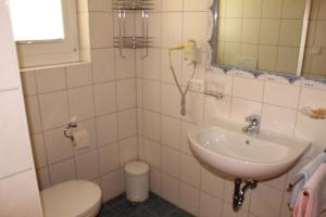 a bathroom with a sink and a toilet and a mirror at Martinshof in Obergurgl