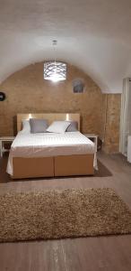 a bedroom with a large bed in a brick wall at 25 Rue du Roc Appartement in Bagnols-sur-Cèze