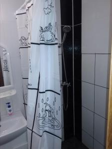 a bathroom with a shower curtain with a fish on it at Rodina Hotel in Odesa